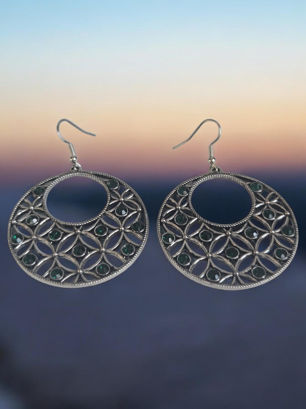 paparazzi Silver-Tone Filigree Circle Earrings with Green Accents
